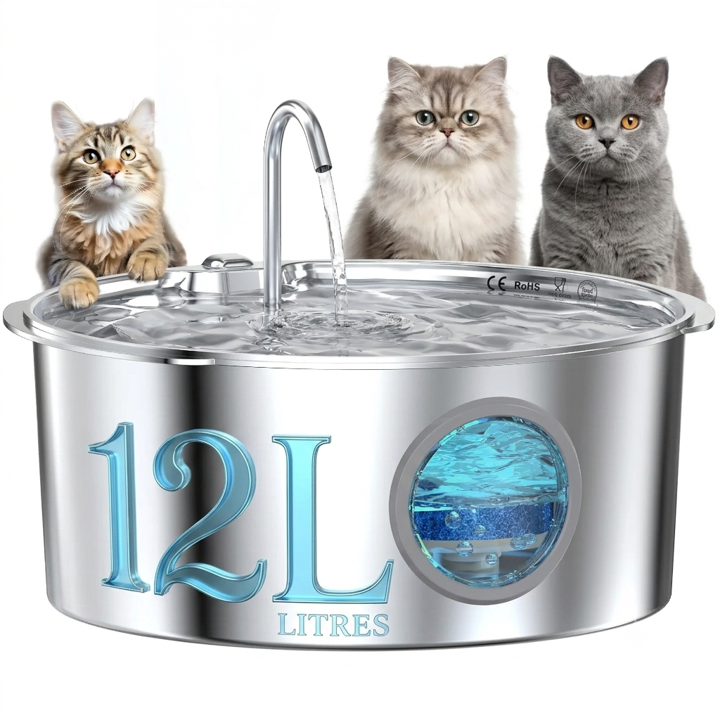 Fontaine à eau PurrStream Grande Capacité — 12L Inox Sans Fil